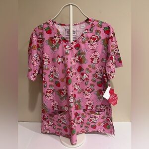 NWT Strawberry Shortcake Character Women's V-Neck Pink Scrub Top w/Pockets L